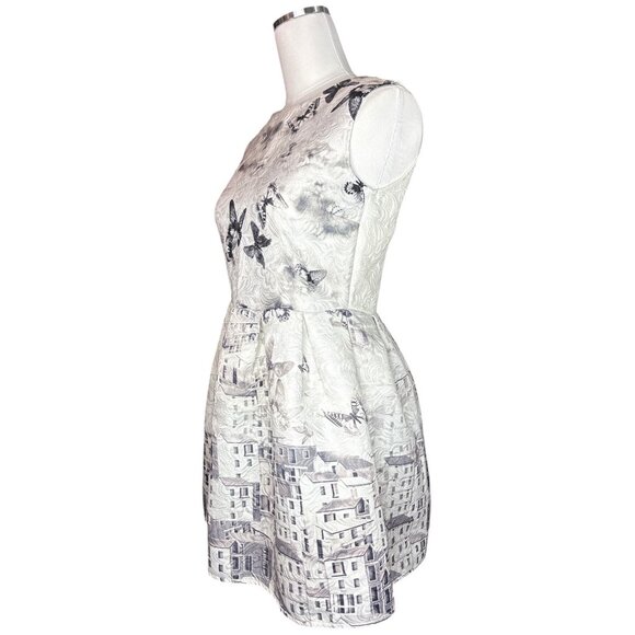 Surreal Butterfly City Print Fit & Flare Mini Dress Medium Jacquard Textured Art - Picture 15 of 16
